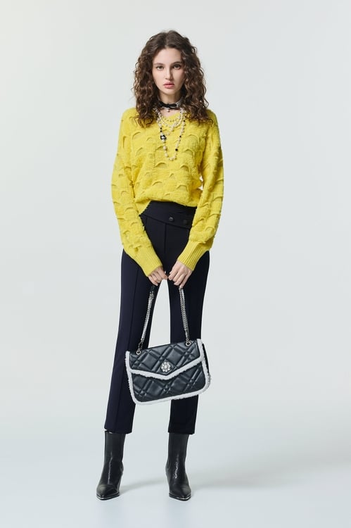 V-neck Yellow Fleece Knit Top,Plaid