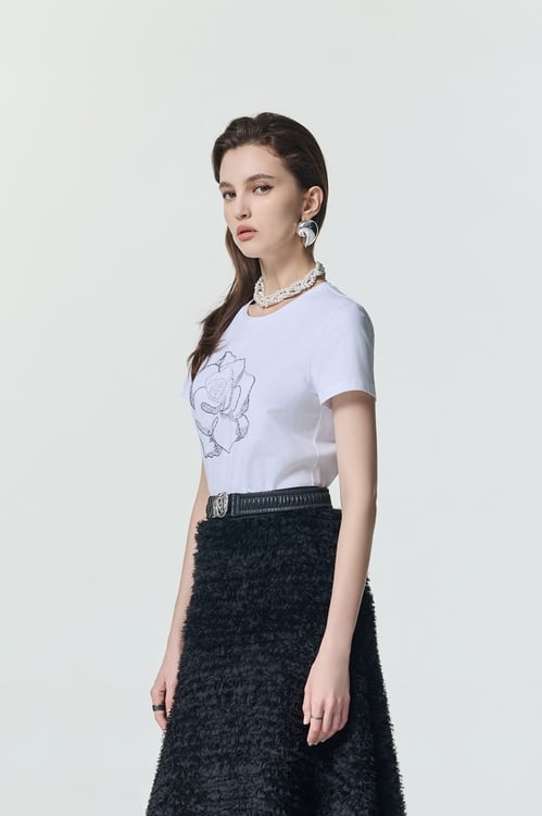 Printed Rose Graphic Short Sleeve Tee,White tops,White tops
