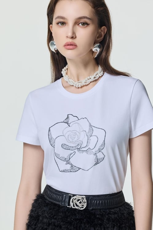Printed Rose Graphic Short Sleeve Tee,White tops,White tops