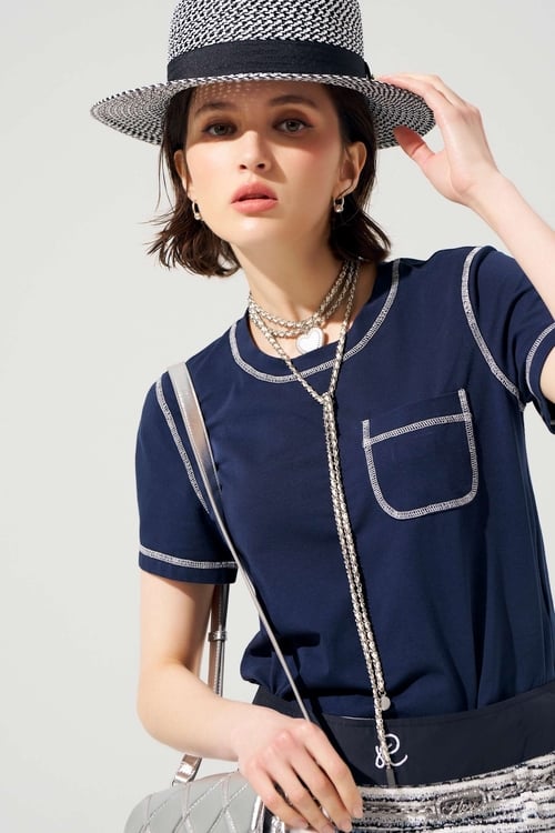 Contrast White Stitching Short Sleeve Navy Top,Cotton