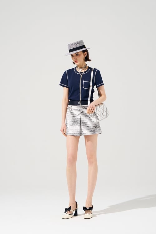 Contrast White Stitching Short Sleeve Navy Top,Cotton