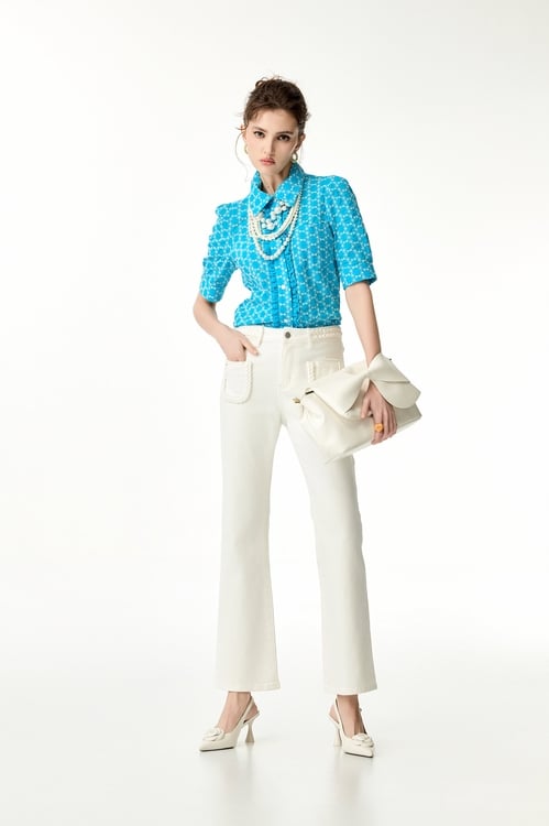 Full Floral Embroidery Blue Top,Embroidered tops