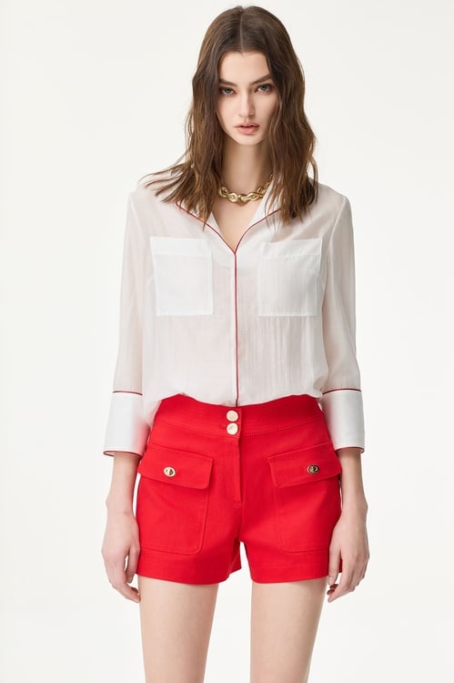 Contrast Trim Detail White Blouse,3/4 Sleeve tops