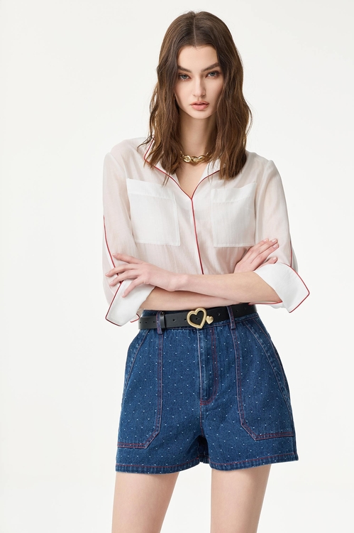 Contrast Trim Detail White Blouse,3/4 Sleeve tops