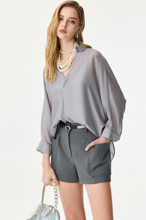 Grey Oversize Long Sleeve Blouse,Season (SS) Look