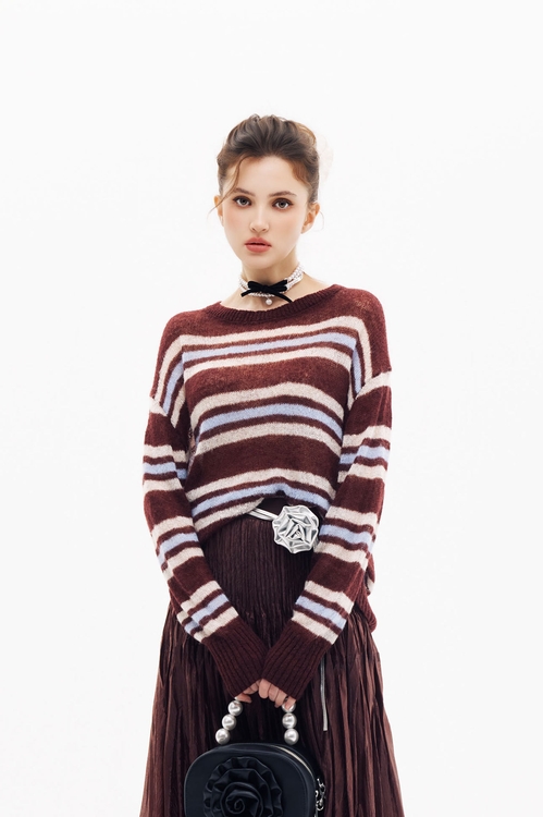Mahagony Stripe Long Sleeve Knit Top,Knitted
