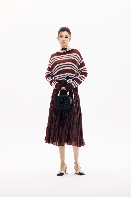 Mahagony Stripe Long Sleeve Knit Top,Knitted