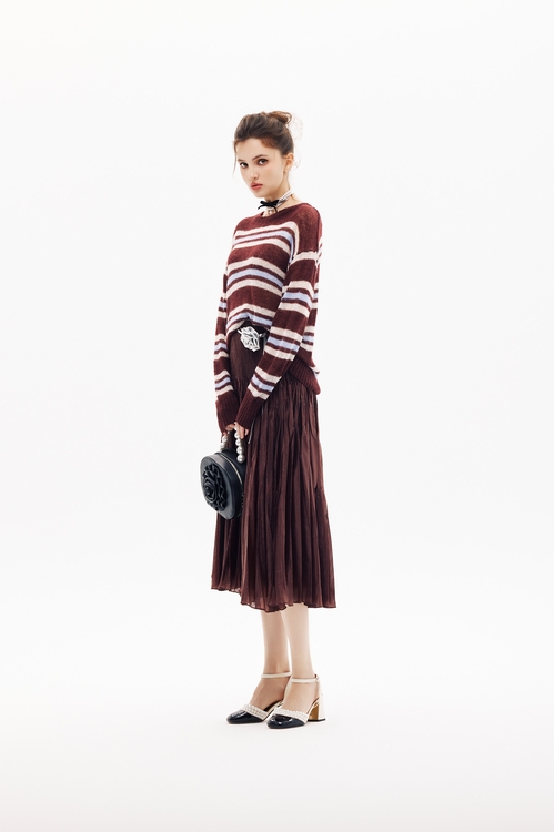 Mahagony Stripe Long Sleeve Knit Top,Knitted