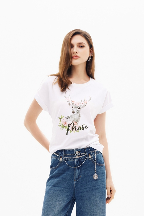 Deer Graphic Print Short Sleeve Tee,White tops,White tops