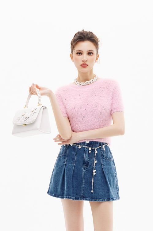 Short Sleeve Faux Fur Knit Top,Knitted