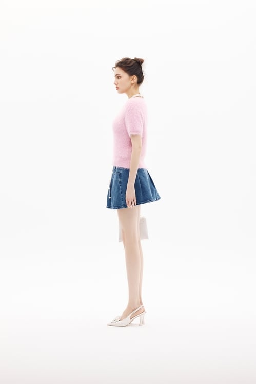 Short Sleeve Faux Fur Knit Top,Knitted