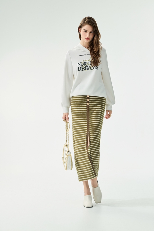 Embroidery Detail Hoodie Long Sleeve Top,White tops,White tops