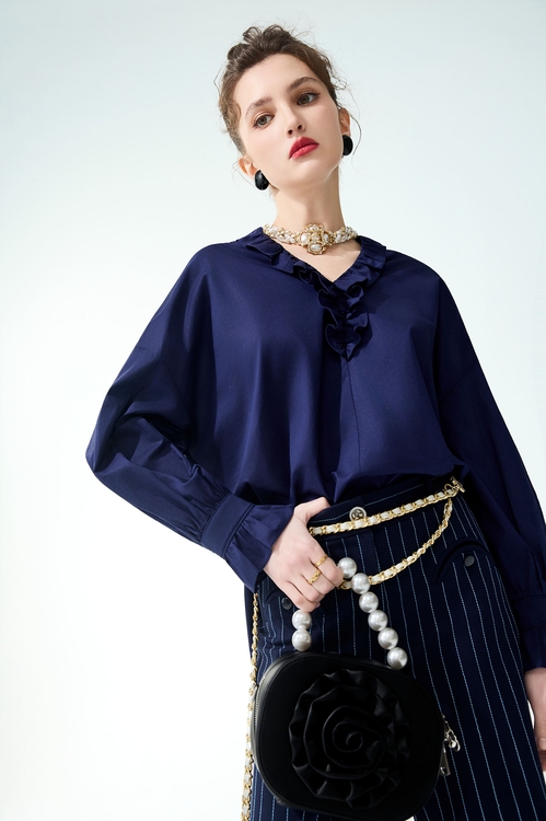 Ruffle Neckline Detail Navy Blouse,V-Neck T shirts