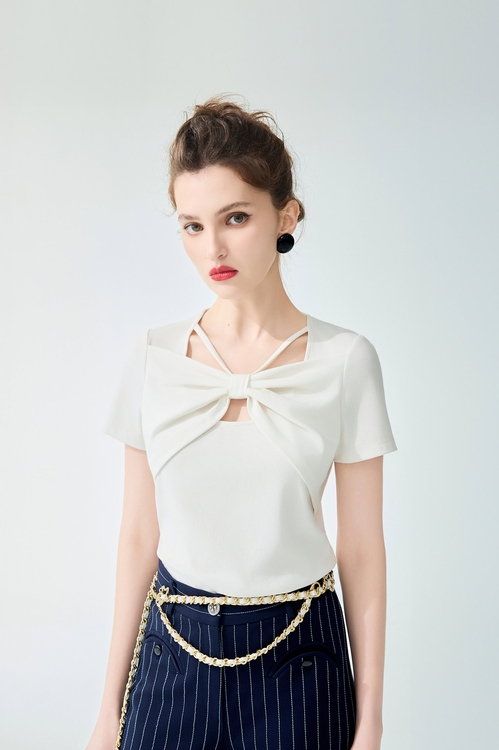Front Bow Neckline Short Sleeve Tee,bows