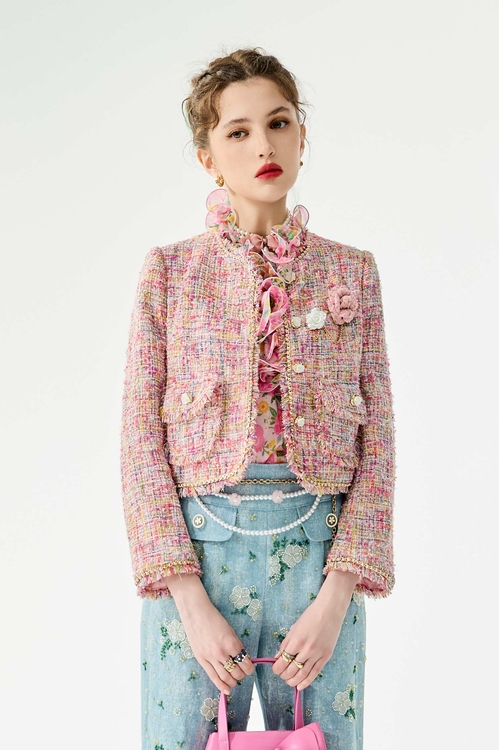 Floral Brooch Tweed Jacket,,Floral Brooch Tweed Jacket,Season (SS) Look,Mesh fabric,Midi skirts,Jackets,Outerwear,Season (SS) Look
