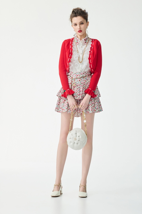 Scallop Trim Chili Red Knit Cardigan,Jackets