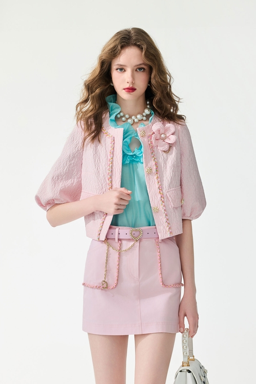 Textured Pink Floral Brooch Crop Jacket,Jackets