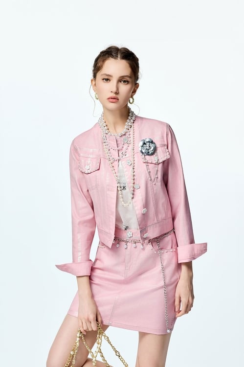 Metallic Sheen Pink Denim Jacket,Cotton
