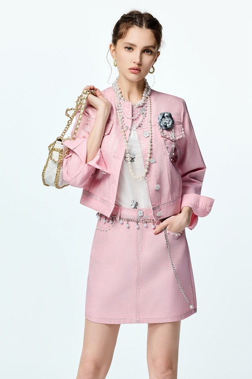 Metallic Sheen Pink Denim Jacket,Cotton
