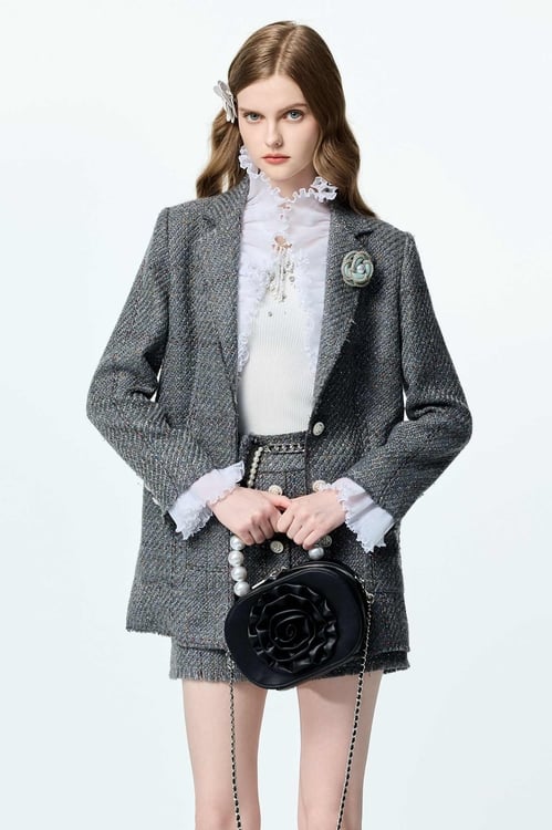 Ruffle Detail Tweed Jacket,Blazers