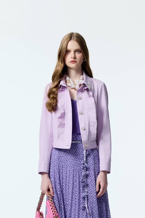 Silver Star Print Denim Jacket With Ruffle Detail,Denim,Denim