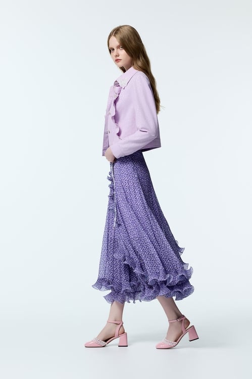 Silver Star Print Denim Jacket With Ruffle Detail,Denim,Denim