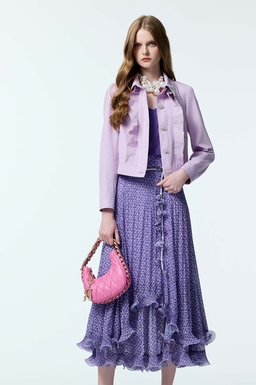 Silver Star Print Denim Jacket With Ruffle Detail,Denim,Denim