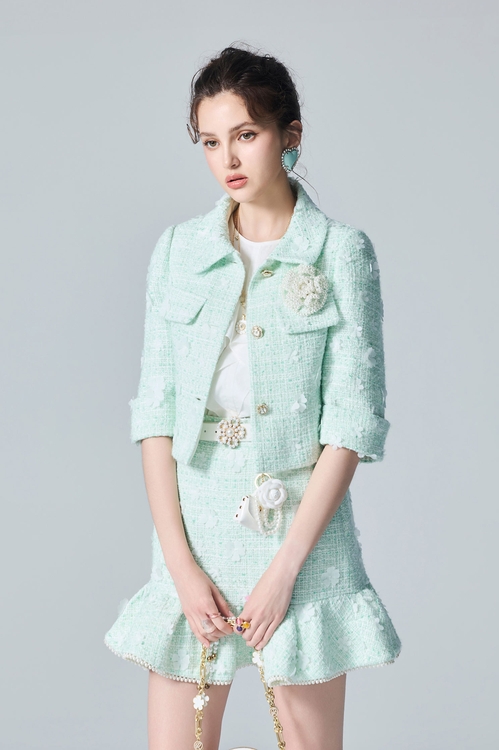 Floral Detail Light Green Tweed Jacket,Jackets