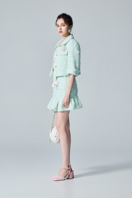 Floral Detail Light Green Tweed Jacket,Jackets