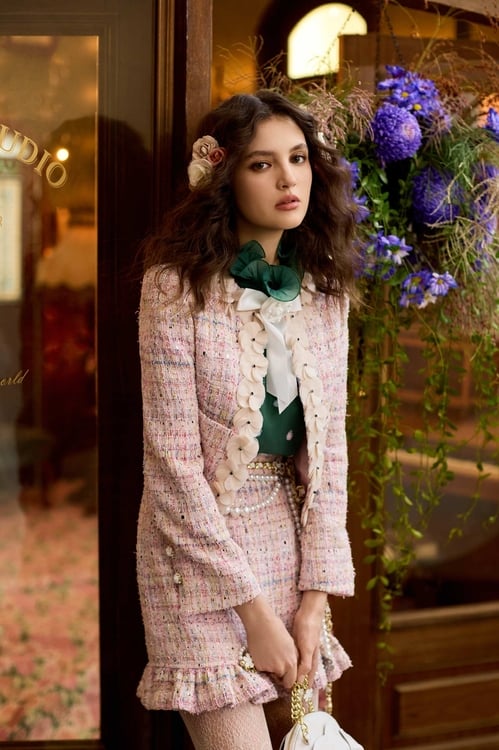 Pink Tweed Sequin Jacket,Outerwear