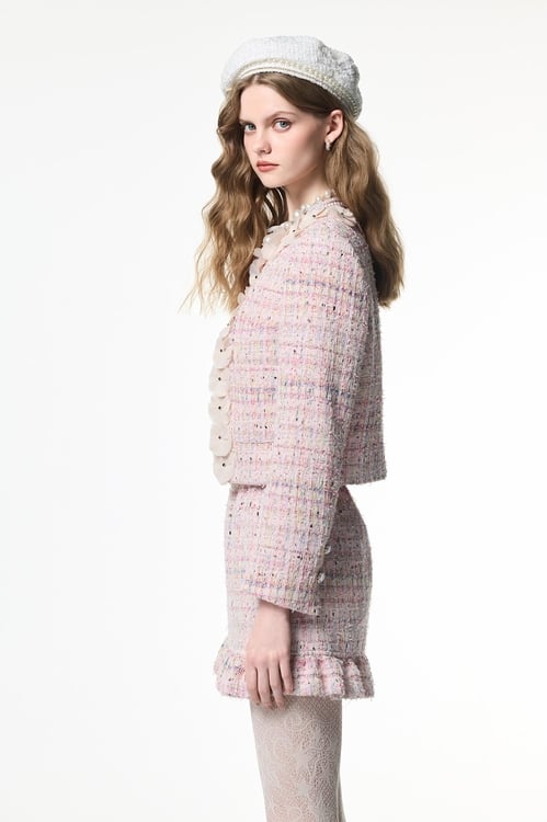 Pink Tweed Sequin Jacket,Outerwear