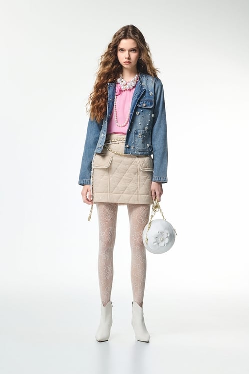 Pearl Floral Detail Denim Jacket,Outerwear