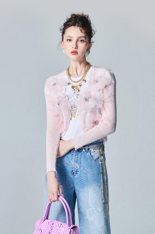 3-D Floral Light Pink Knit Cardigan,Outerwear