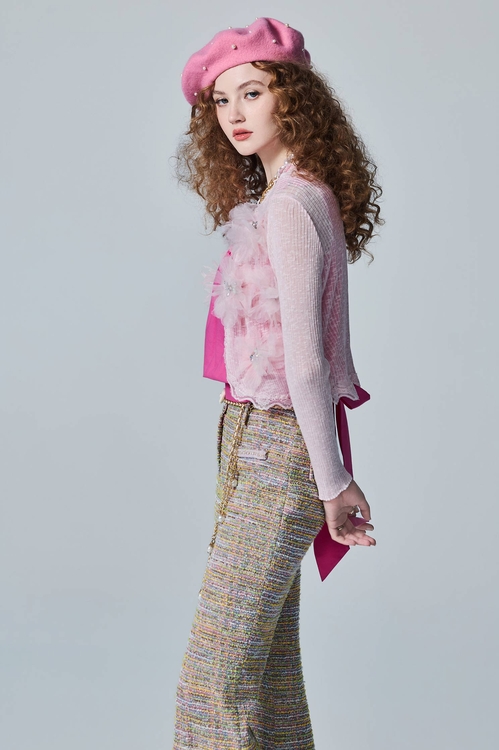 3-D Floral Light Pink Knit Cardigan,Outerwear