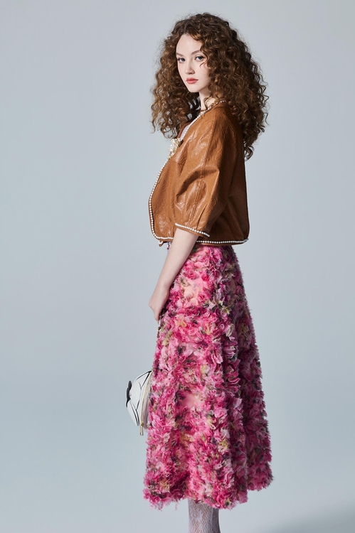 PU Caramel Floral Print Crop Jacket,Outerwear