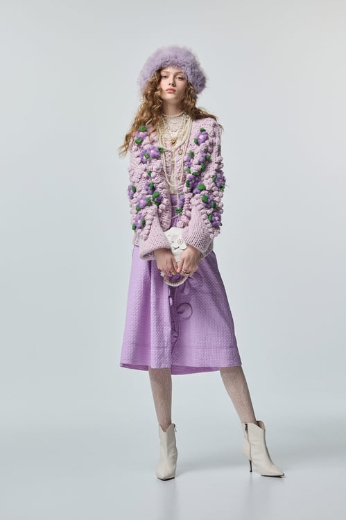 Handcrafted Floral Detail Cable Knit Cardigan,Outerwear