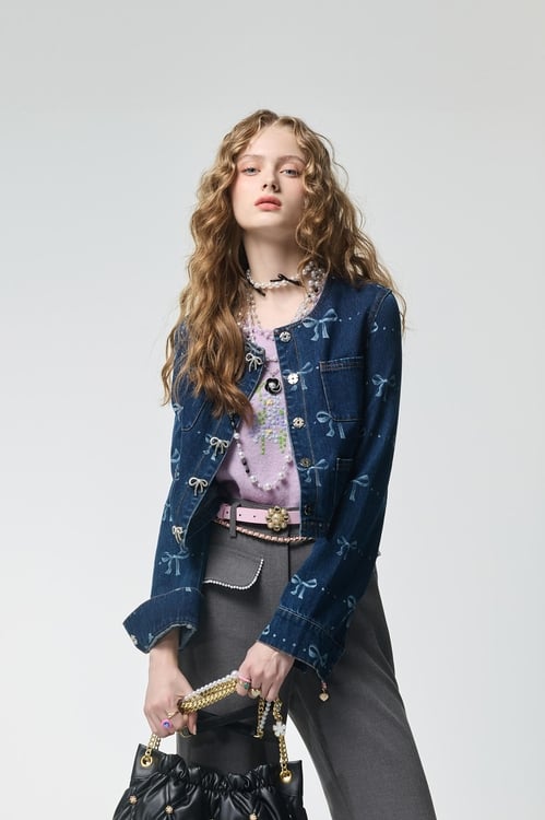 Bow Motif Denim Jacket,Outerwear