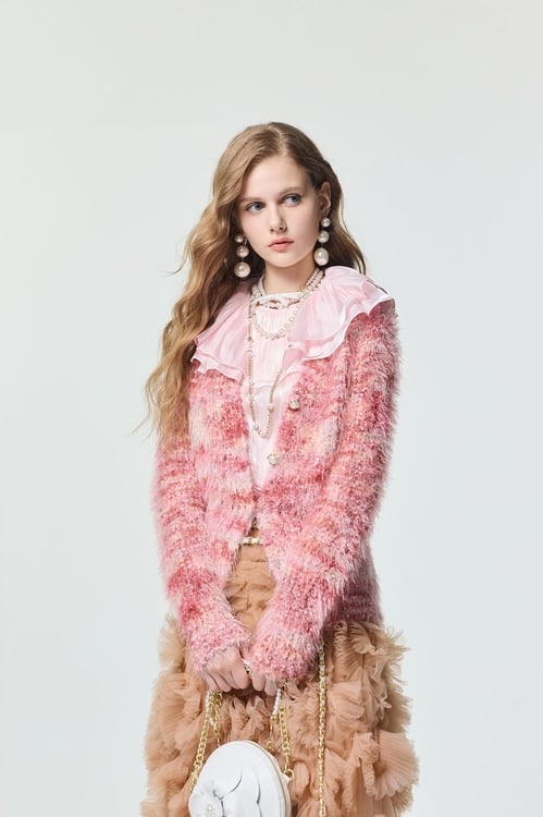 V-neck Fringe Knit Cardigan,,V-neck Fringe Knit Cardigan,Jackets,Outerwear,Season (SS) Look,pearl,Knitted,Knitted coats