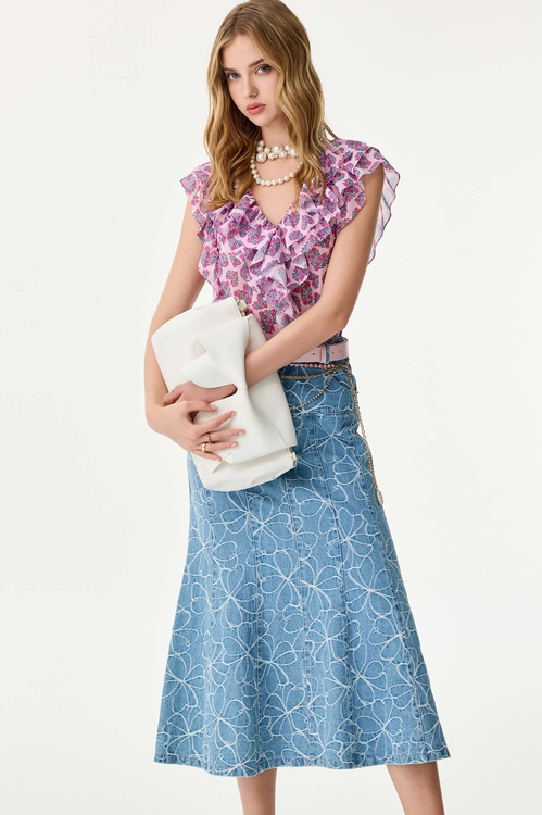 Floral Embroidery Denim Fishtail Skirt,Denim skirts