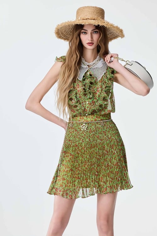 Pleated Detail Floral Print Chiffon Mini Skirt,Chiffon skirts