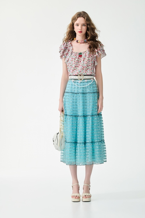 Ice Blue Floral Lace Detail Mesh Skirt,,,Season (SS) Look,pants,Jumpsuits,Tops,bestselling,Season (SS) Look,sleeveless tops,Tops,Embroidered,Season (SS) Look,White tops,sleeveless tops,sleeveless tops,Tops,bestselling,Season (SS) Look,sleeveless tops,bows,Season (SS) Look,Lace,Midi skirts