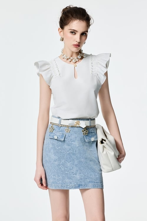 Butterfly Detail Denim Skirt,Denim skirts