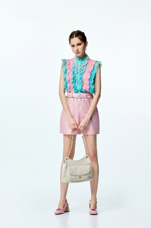 Metallic Sheen Pink Denim Skirt,Denim skirts