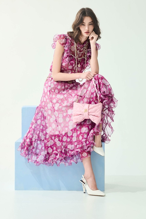 Floral Print Chiffon Pleated Detail Skirt,Chiffon