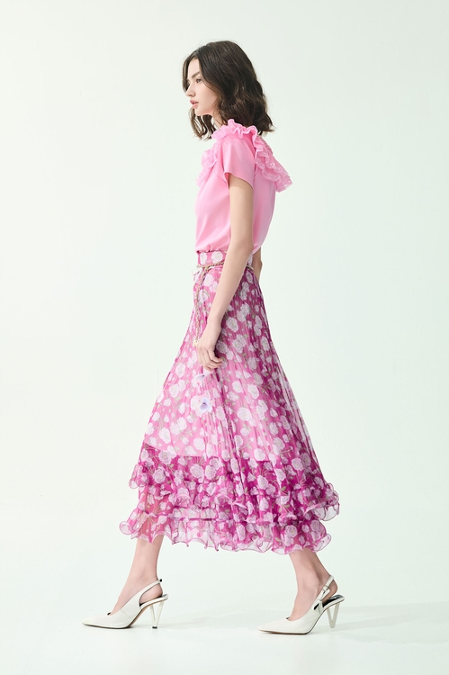 Floral Print Chiffon Pleated Detail Skirt,Chiffon