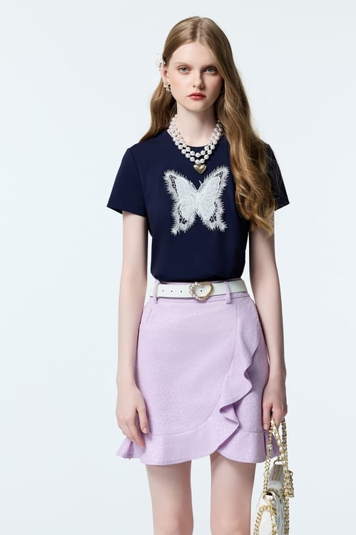 Silver Star Print Ruffle Denim Skirt,Mini skirts