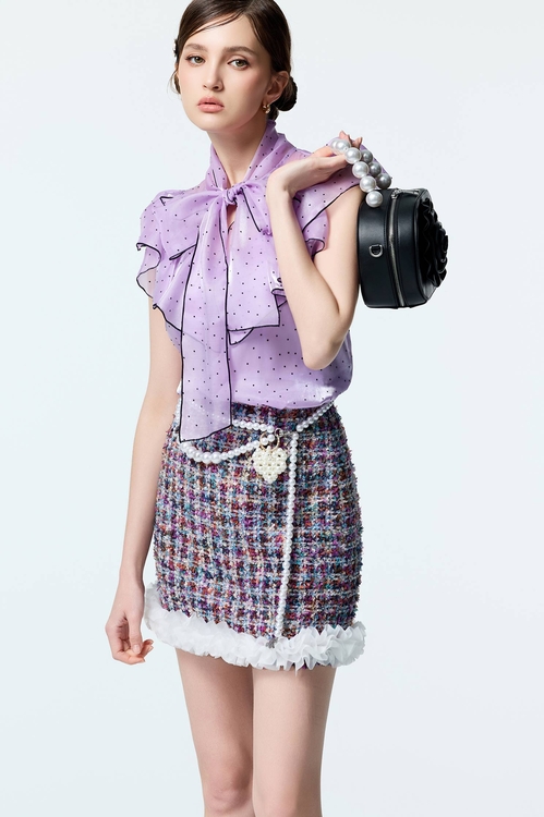 Organza Ruffle Detail Purple Tweed Skirt,Mini skirts