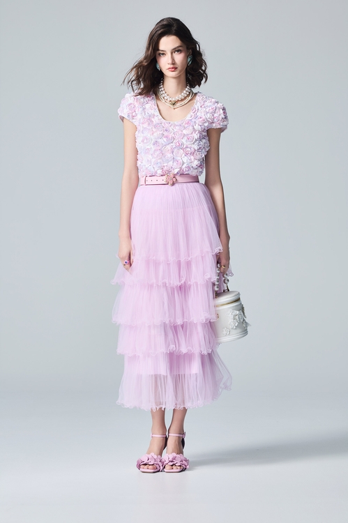 Pleated Ruffle Trim Layered Mesh Skirt,,Pleated Ruffle Trim Layered Mesh Skirt,Season (AW) Look,Midi skirts,Dresses,Season (AW) Look,Mesh fabric,Midi skirts