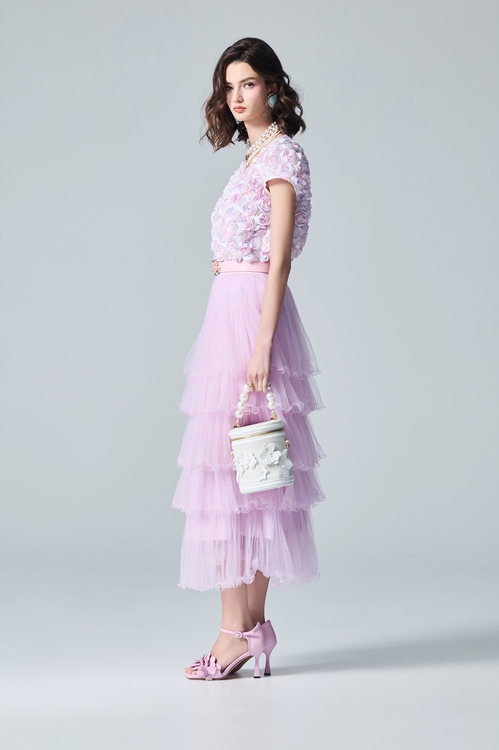 Pleated Ruffle Trim Layered Mesh Skirt,,Pleated Ruffle Trim Layered Mesh Skirt,Season (AW) Look,Midi skirts,Dresses,Season (AW) Look,Mesh fabric,Midi skirts