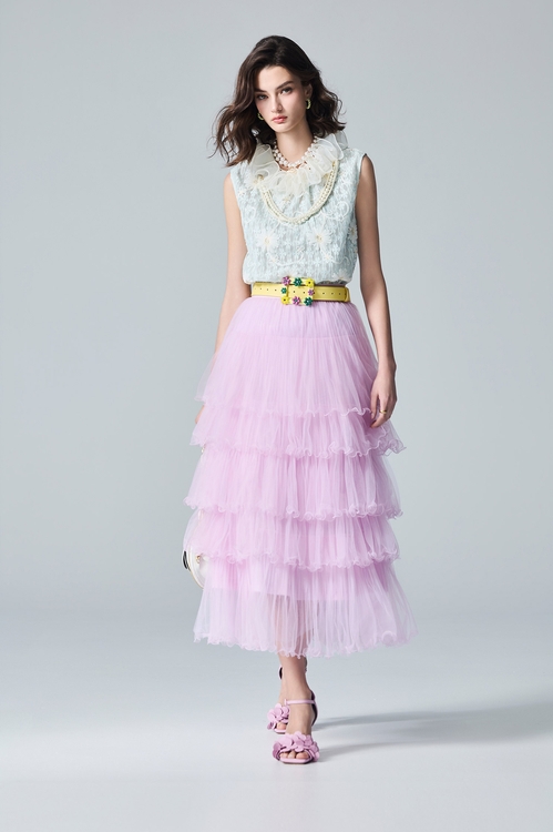 Pleated Ruffle Trim Layered Mesh Skirt,,Pleated Ruffle Trim Layered Mesh Skirt,Season (AW) Look,Midi skirts,Dresses,Season (AW) Look,Mesh fabric,Midi skirts